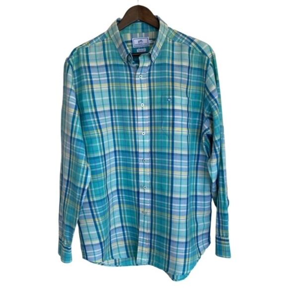 Southern Tide Blue and Green Plaid Button Down Linen Shirt - Large - Picture 1 of 5
